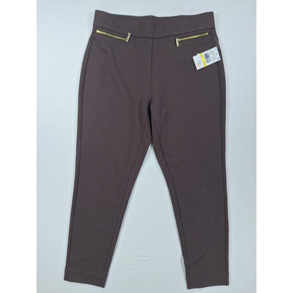 Michael Kors Petite PM Pants Womens Stretch Viscose Chocolate Brown Gold Zip